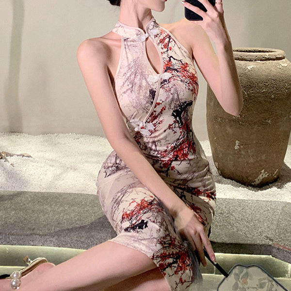 Hollow Sleeveless Slit National Style Qipao Dress