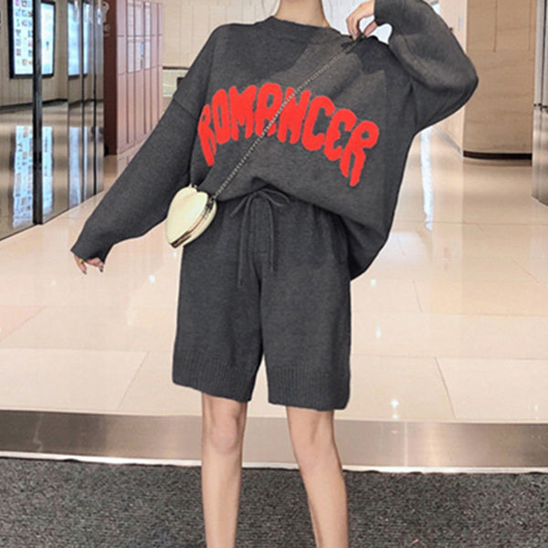 Letter loose sweater elastic waist shorts set