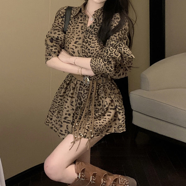 Temperament Leopard Print Shirt Dress With Belt
