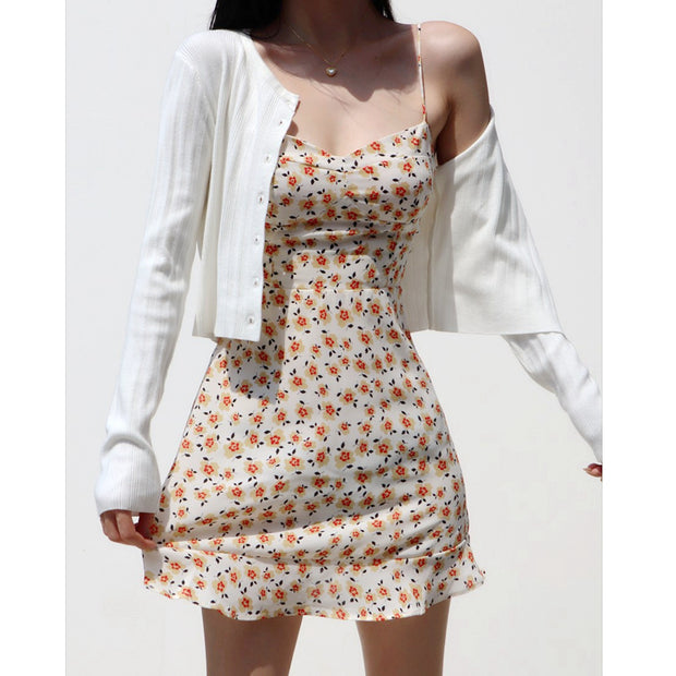 V-neck high waist slim waist floral strap dress
