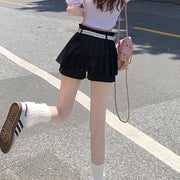 Solid color belt high waist slim pleated skirt