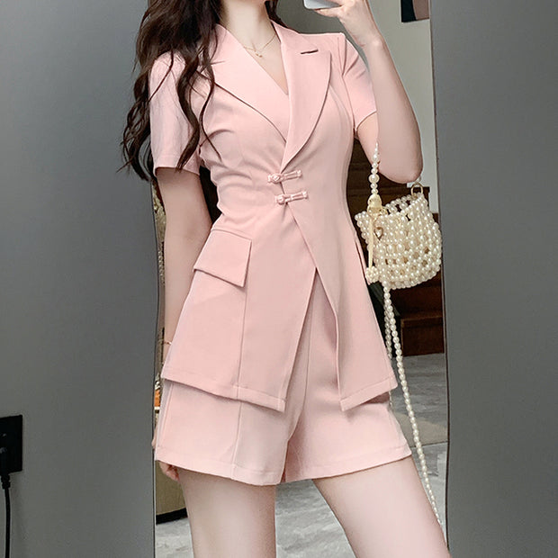 Buckle short sleeve blazer top high waist shorts set