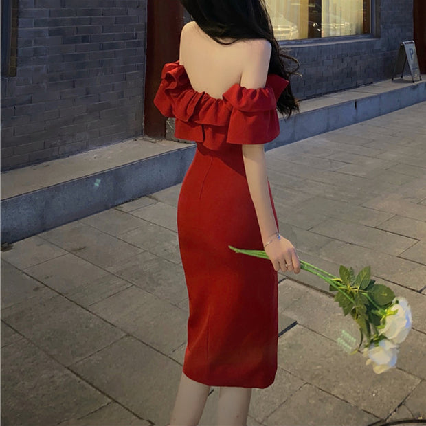 Nipped-waist ruffle off-the-shoulder slit prom dress