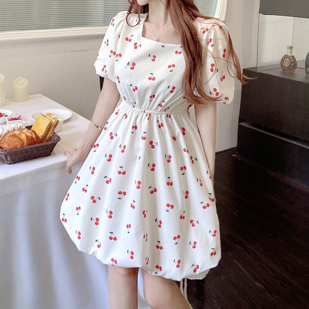 Puff sleeve waist neck square neck floral dress