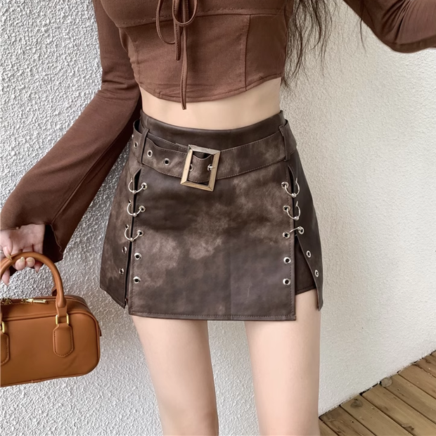 Metal Ring High Waist Belt A-Line Leather Skirt