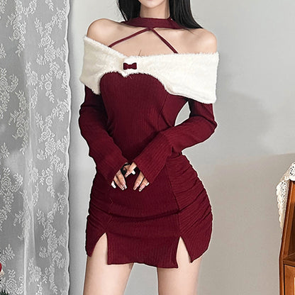 Slim Halter Neck Christmas Long Sleeve Knitted Dress