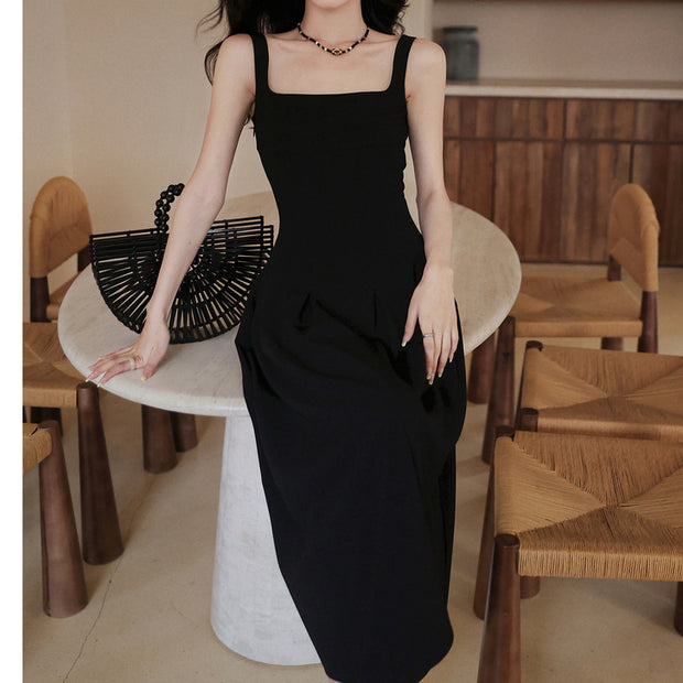 Sleeveless square neck high waisted black dress