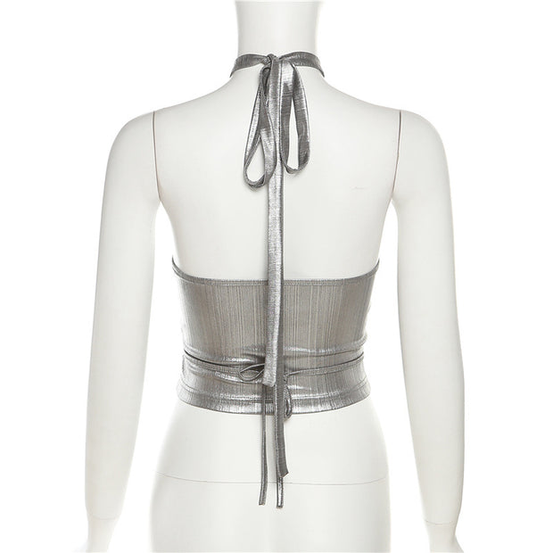 Halter neck strapless backless silver cropped top