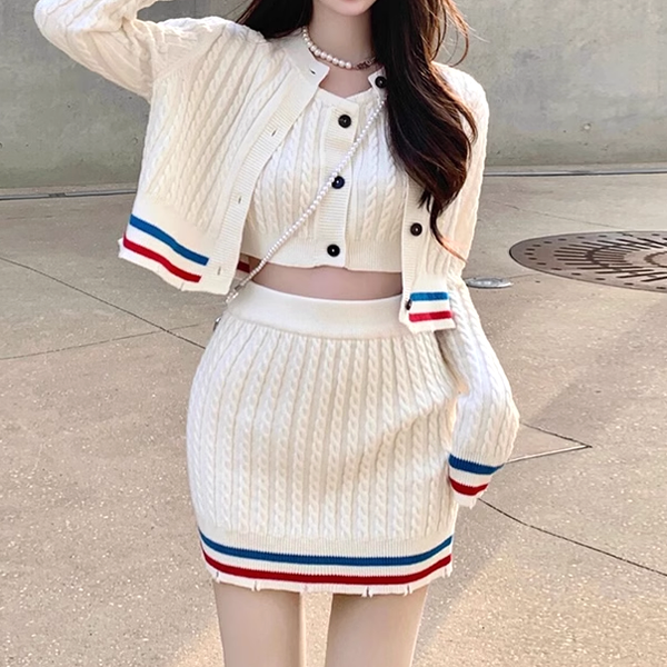 Striped Cardigan Buttoned Knitted Vest Skirt Set