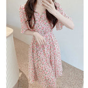 Waisted short-sleeved chiffon v-neck floral dress