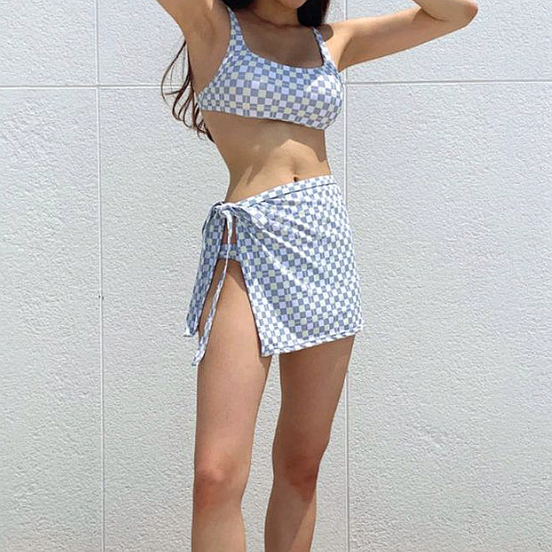 Diamond plaid high waist bikini three-piece set