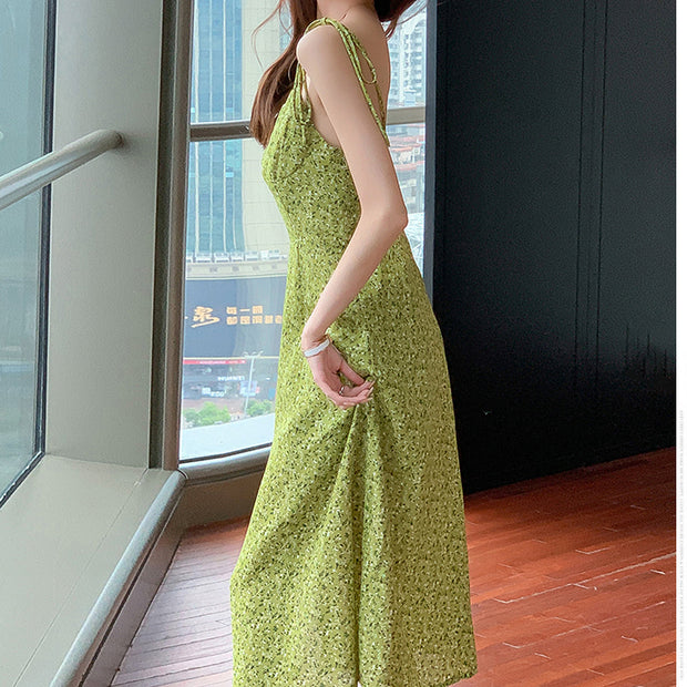 Slit v-neck chiffon floral sling dress