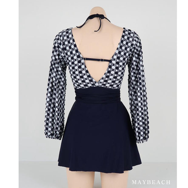 V-neck twist long-sleeve one-piece swimsuit