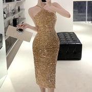 Slit Sequin Waist Halter Neck Prom Dress