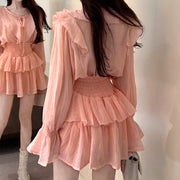 Trumpet sleeve tie shirt high waist cake skirt set