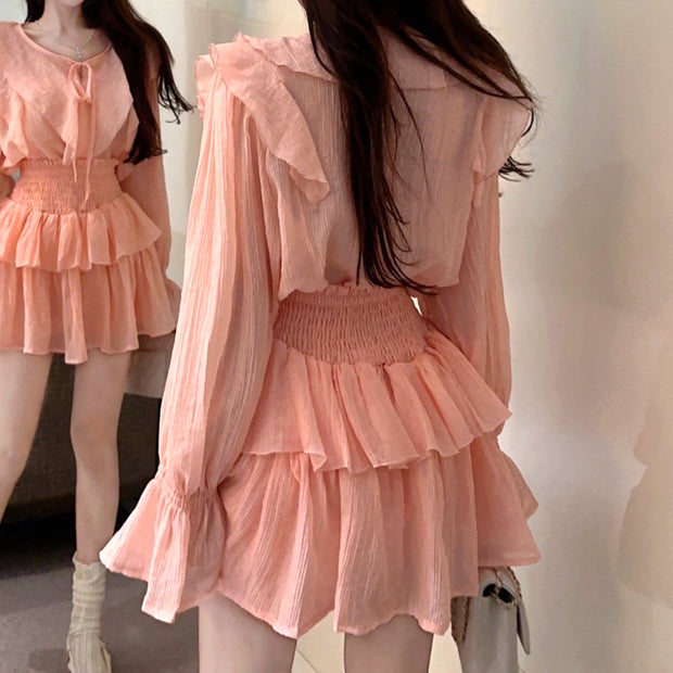 Trumpet sleeve tie shirt high waist cake skirt set