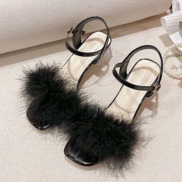 Furry Square Root Open Toe Sandals