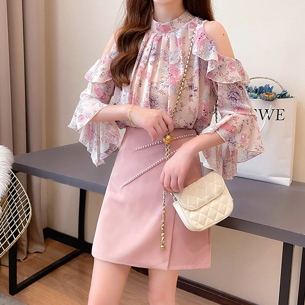 Off-the-shoulder chiffon floral top beaded skirt set