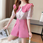 Floral doll collar shirt zipper wide leg shorts set
