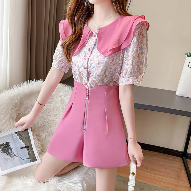 Floral doll collar shirt zipper wide leg shorts set