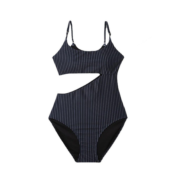 Vertical stripe open-waist one-piece swimsuit