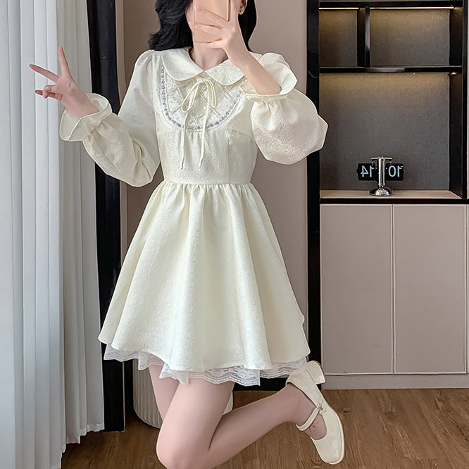 Sweet And Elegant Shirt Collar Waist Long Sleeve Dress