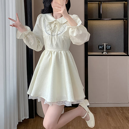 Sweet And Elegant Shirt Collar Waist Long Sleeve Dress