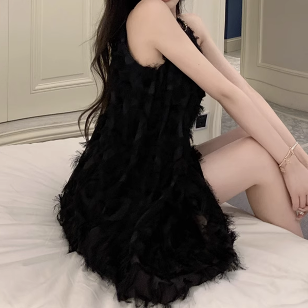 Off-The-Shoulder Fringed Sleeveless A-Line Dress