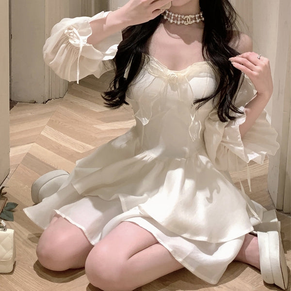 Princess Puff Long Sleeve Solid Color Tube Top Dress