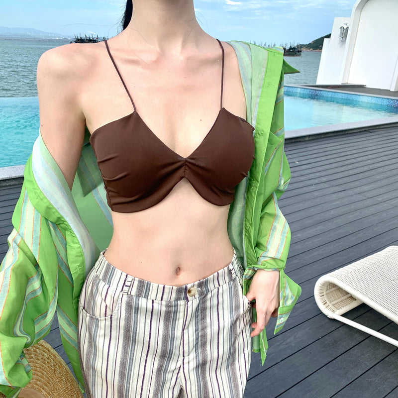 Brown Bikini Striped Wide-Leg Pants Suit