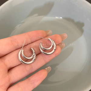 Double Layer Circle C-Shaped Metal Plain Hoop Stud Earrings
