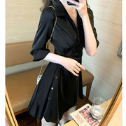Pleated Diagonal Button Slim Waist Shirt Dress