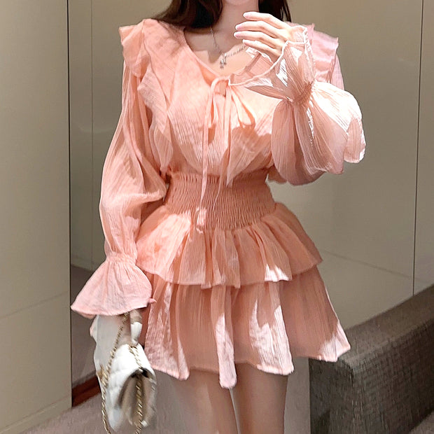 Trumpet sleeve tie shirt high waist cake skirt set