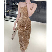 Slit Sequin Waist Halter Neck Prom Dress