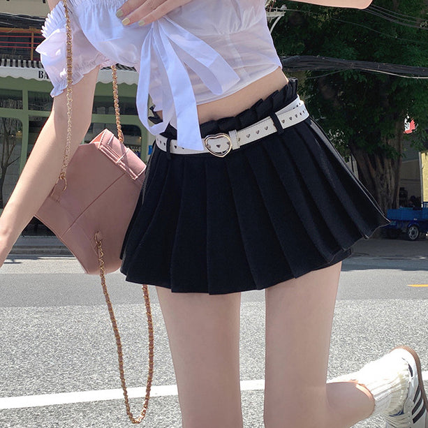 Solid color belt high waist slim pleated skirt