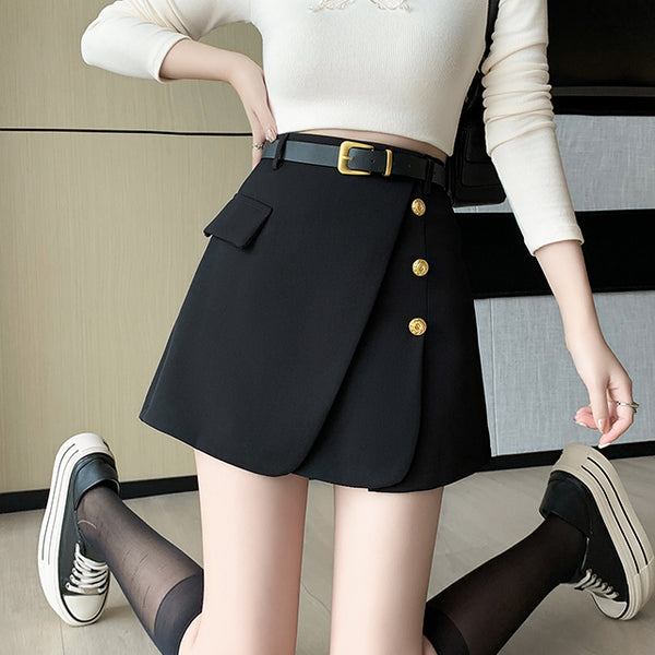 High-Waisted Buttoned Irregular A-Line Skirt