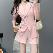 Buckle short sleeve blazer top high waist shorts set
