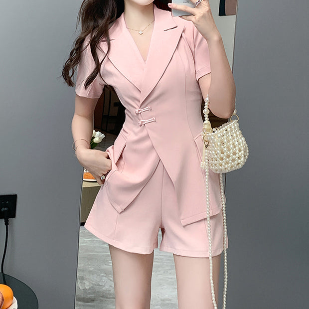 Buckle short sleeve blazer top high waist shorts set