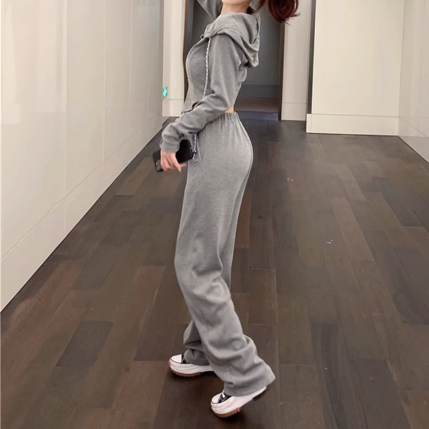 Zipper hooded irregular top casual pants set