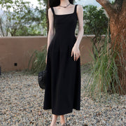 Sleeveless square neck high waisted black dress