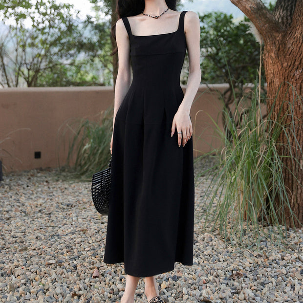 Sleeveless square neck high waisted black dress