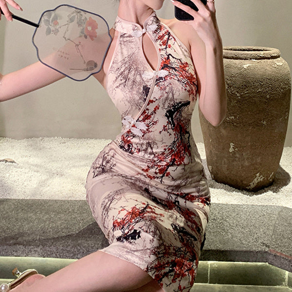 Hollow sleeveless slit national style qipao dress