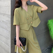 Short-sleeved v-neck suit jacket top wide-leg shorts set