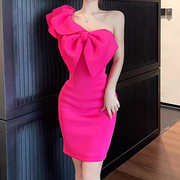 One shoulder bow ruffle bodycon dress