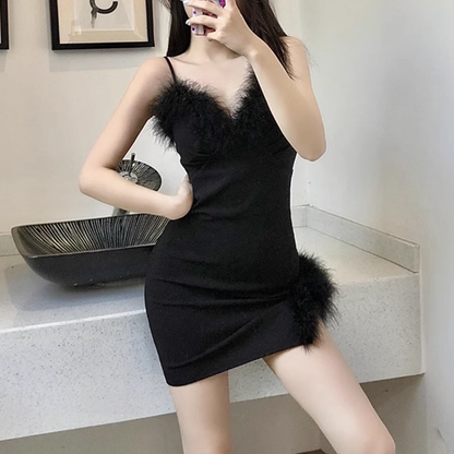 Tight Slit Fur Collar Christmas Suspender Dress