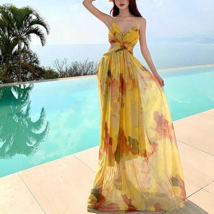 Mesh Tie-Dye Vacation Style Backless Sundress