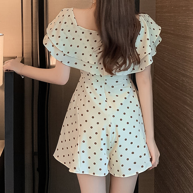Ruffled polka dot waist slim jumpsuit shorts