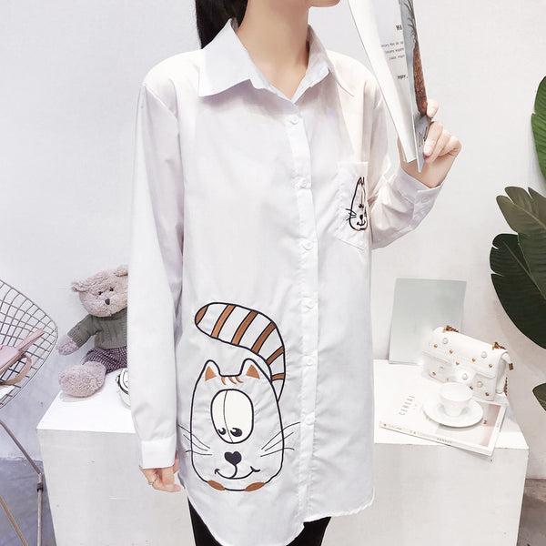 Embroidery Pattern Loose Casual White Shirt Top