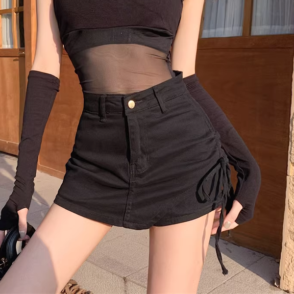Side Drawstring Irregular High Waist Denim Skirt