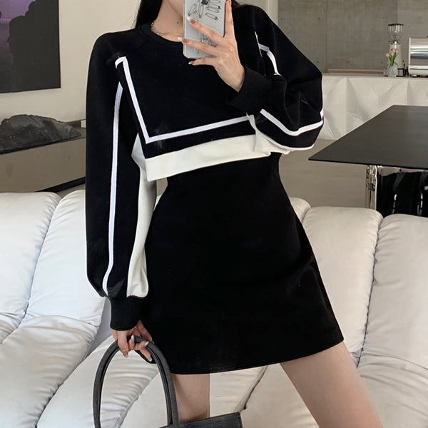 Black White Color Matching Fake Two Piece Short Dress